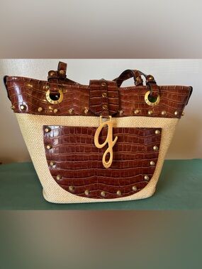 Guess Brown Croc-Trim Straw Tote with Gold Logo